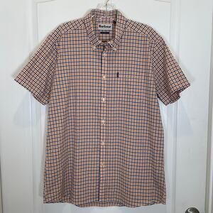Barbour Short Sleeve Button Down Shirt Orange Blue Check Preppy Cotton M‎